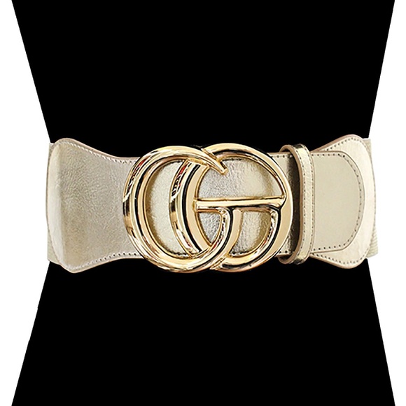 Oversized Metal Buckle Accented Elastic Statement Belt - Picture 6 of 9
